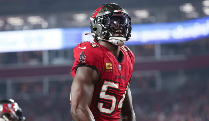 Jan 15, 2024; Tampa, Florida, USA; Tampa Bay Buccaneers linebacker Lavonte David (54) reacts after a safety against the Philadelphia Eagles during the second half of a 2024 NFC wild card game at Raymond James Stadium. Mandatory Credit: Kim Klement Neitzel-USA TODAY Sports
